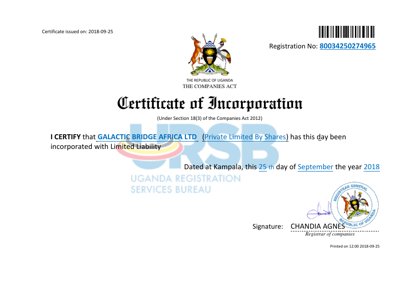 Certificate of Incorporation of GALACTIC BRIDGE AFRICA LTD, Uganda