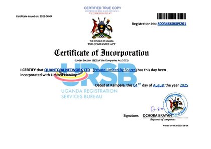 Certificate of Incorporation of QUANTORA NETWORK LTD, Uganda